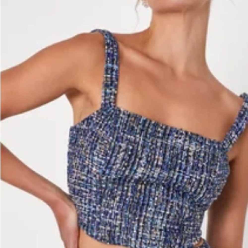 Lulus Posh Flirt Navy Blue Multi Tweed Cropped Tank Top